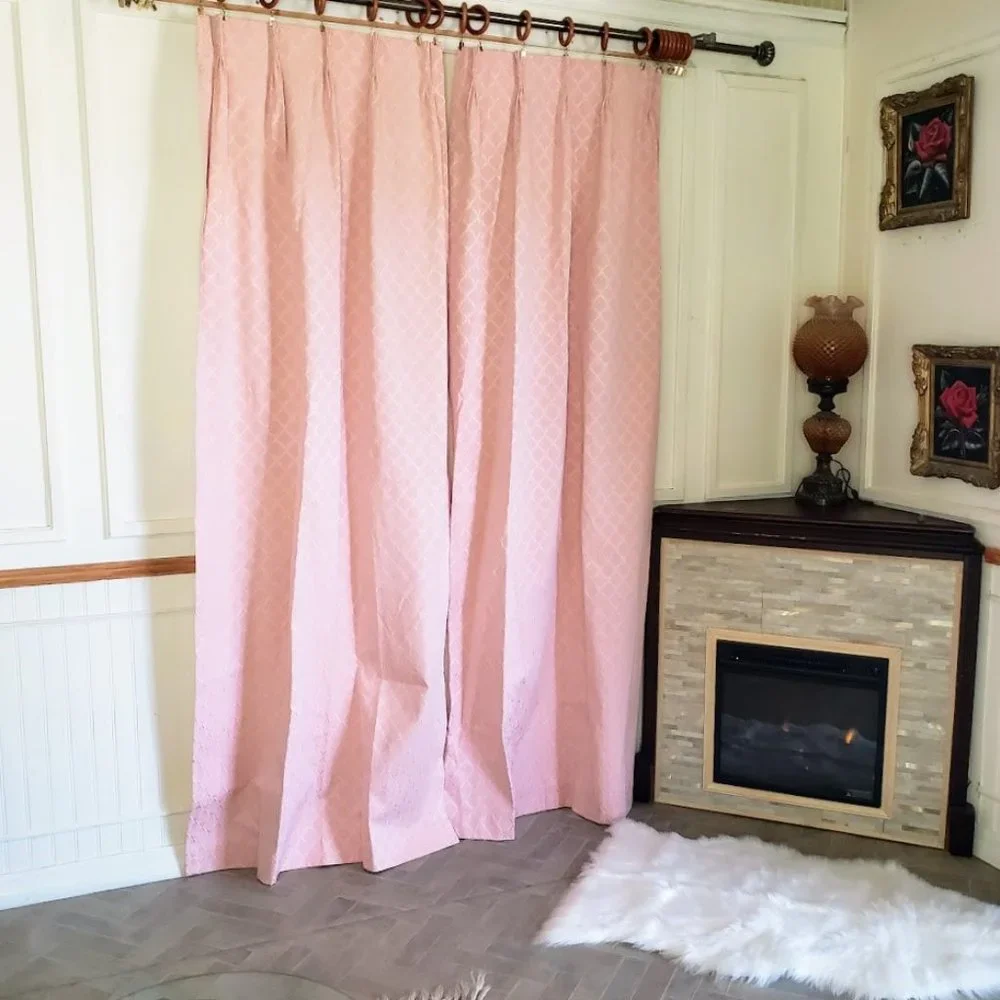 Vintage Drapes Pinch Pleat Pink Curtains 50W x 82L Embroidered Thermal Lined